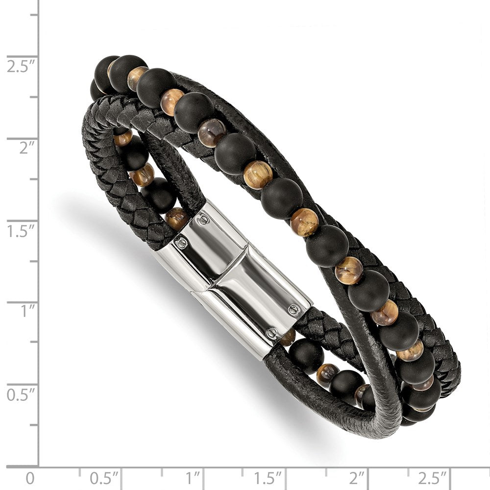Stainless Steel Polished w/Tiger's Eye/Black Agate Leather 8.25in Bracelet 8.25 inches