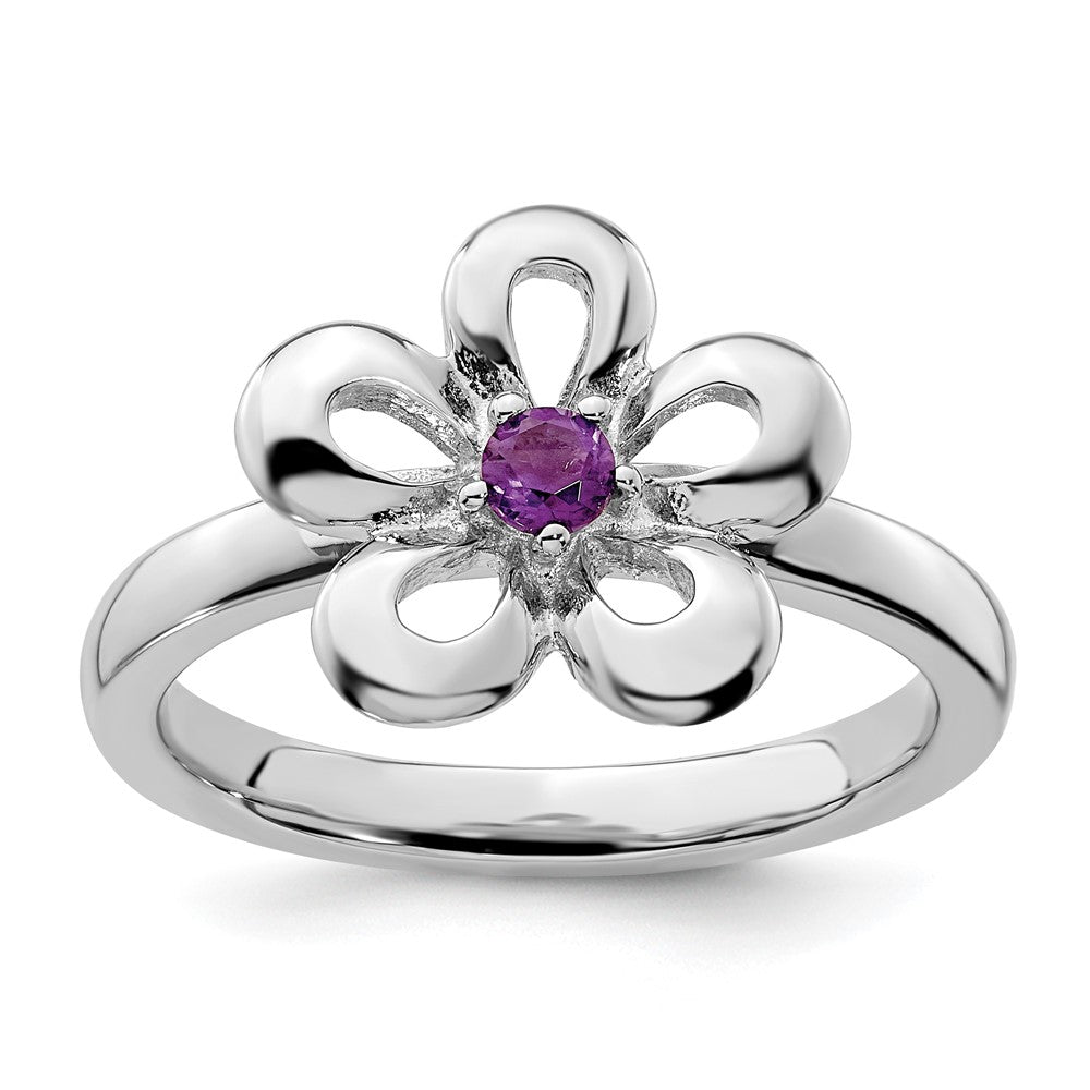 Sterling Silver Stackable Expressions Polished Amethyst Flower Ring Size -8