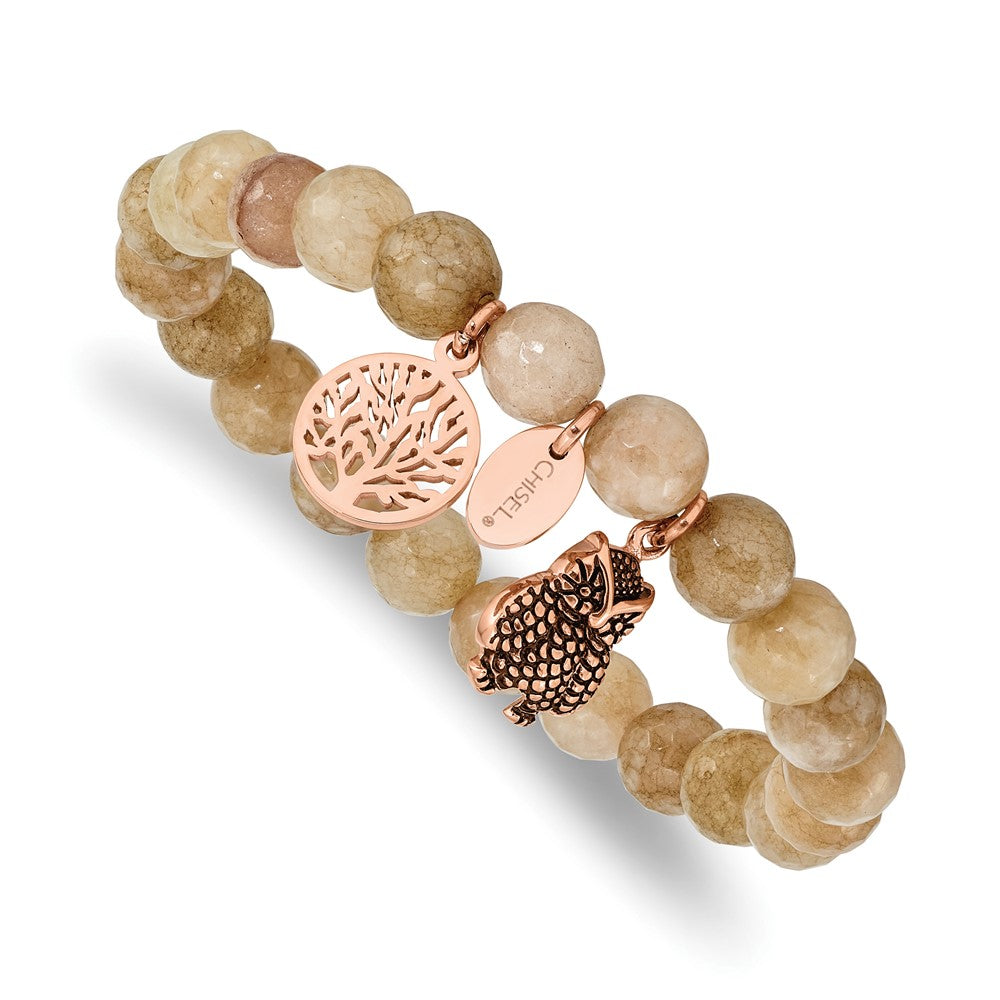Stainless Steel Antiqued & Polished Rose IP Owl Taupe Dyed Jade Bracelet 6.5 inches