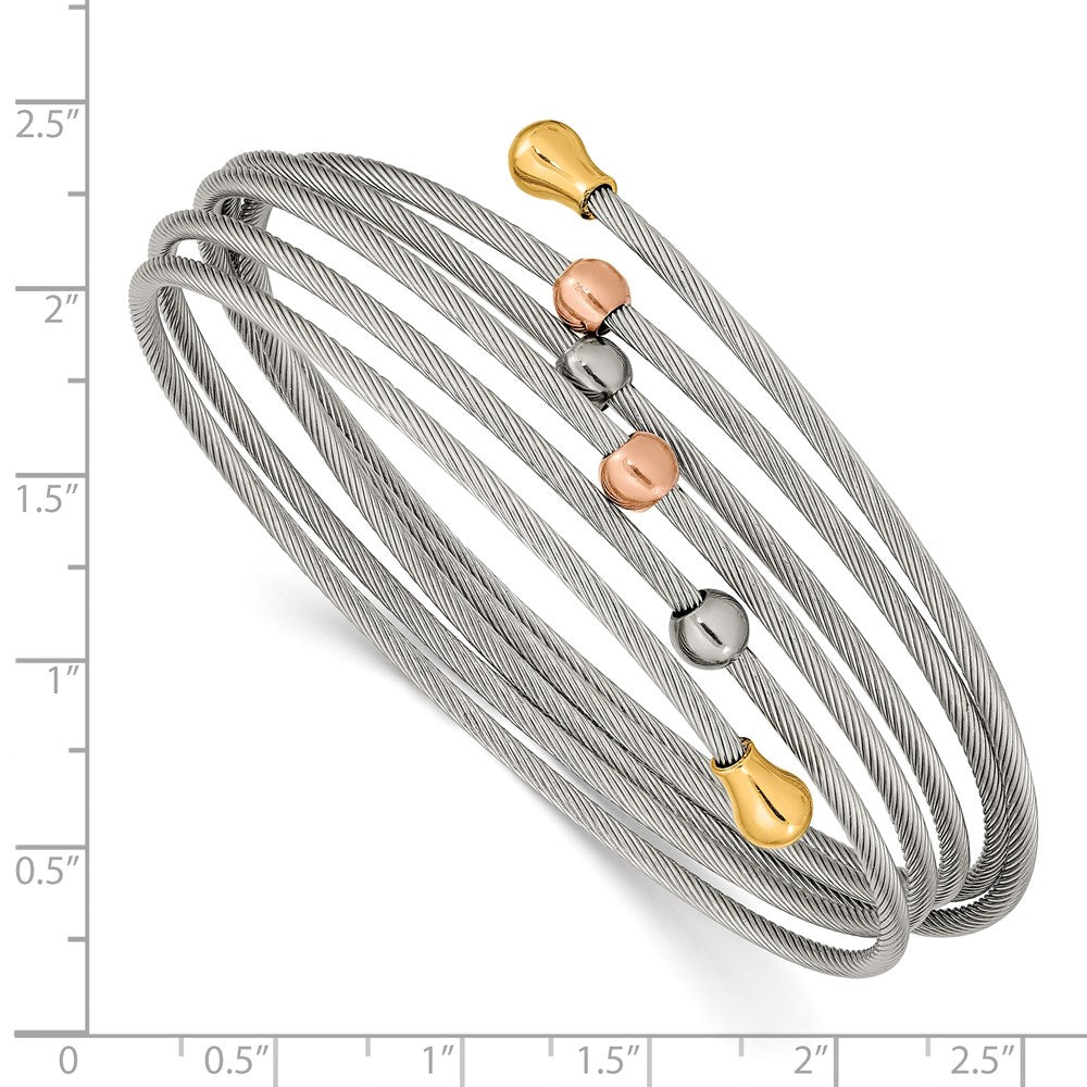 Stainless Steel Polished Rose and Yellow IP-plated Flexible Coil Bangle 7.25 inches