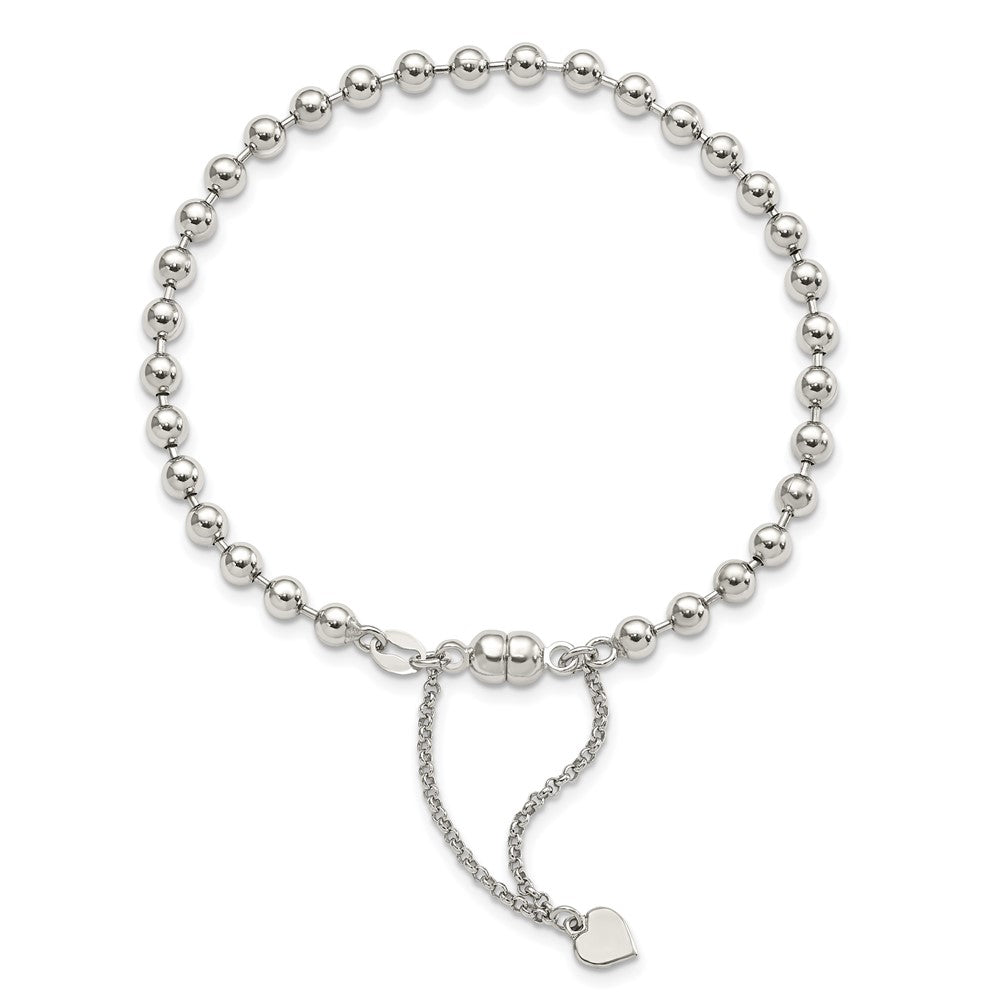 Amore La Vita Sterling Silver Rhodium-plated Polished 4MM Beaded Dangling Heart 7.5 inch Charm Bracelet with Magnetic Clasp 7.5 inches