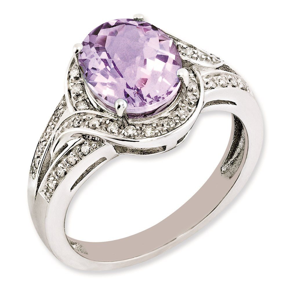 Sterling Silver RH-plated Diamond & Oval Checker-Cut Pink Quartz Ring