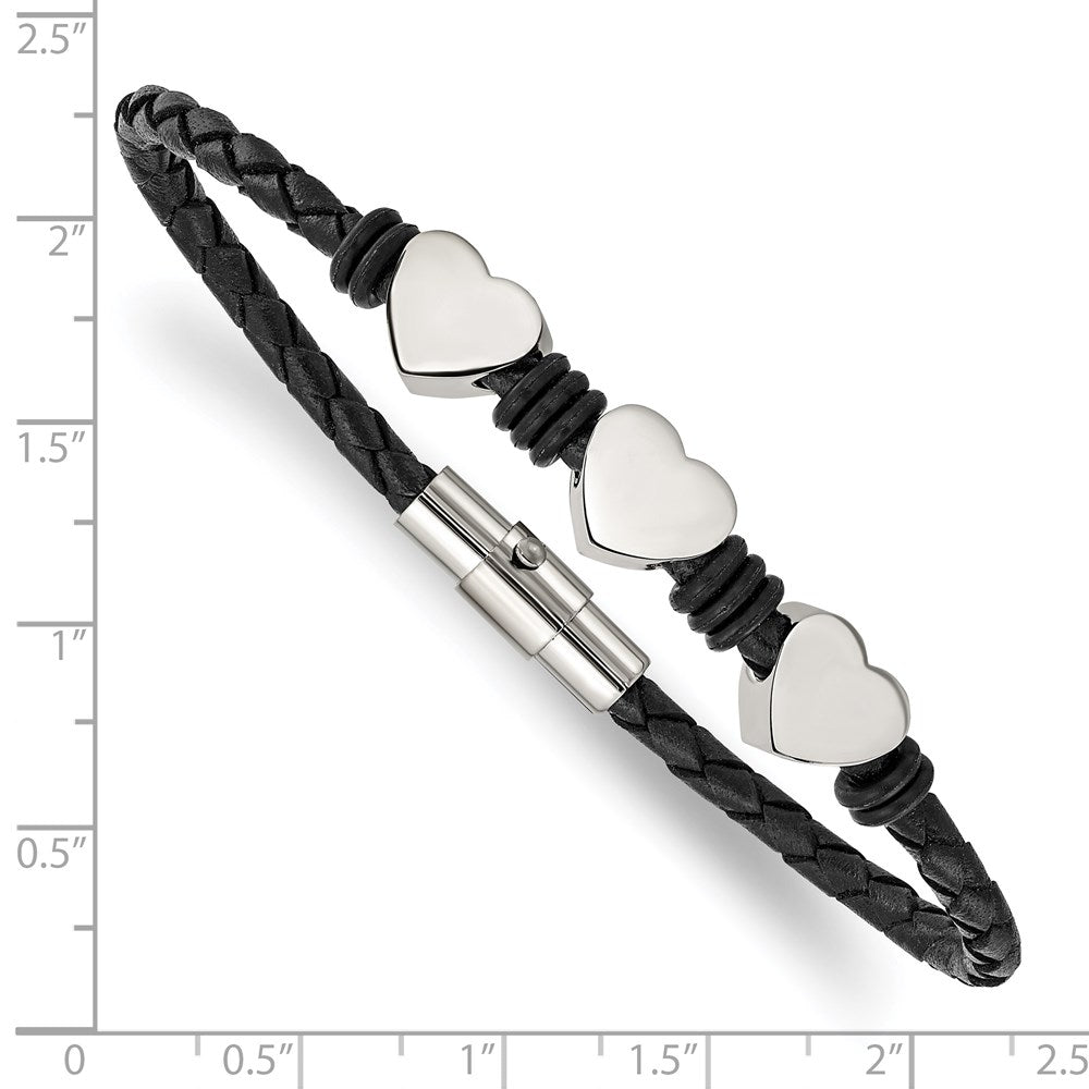 Stainless Steel Black Leather w/Polished Hearts 7.5in Bracelet 7.25 inches