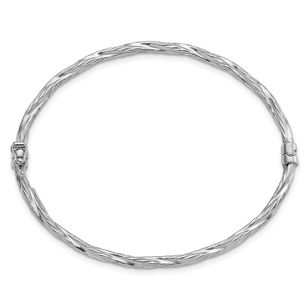 Sterling Silver Rhod-platd Textured 3mm Twisted Hinged Bangle 7 inches