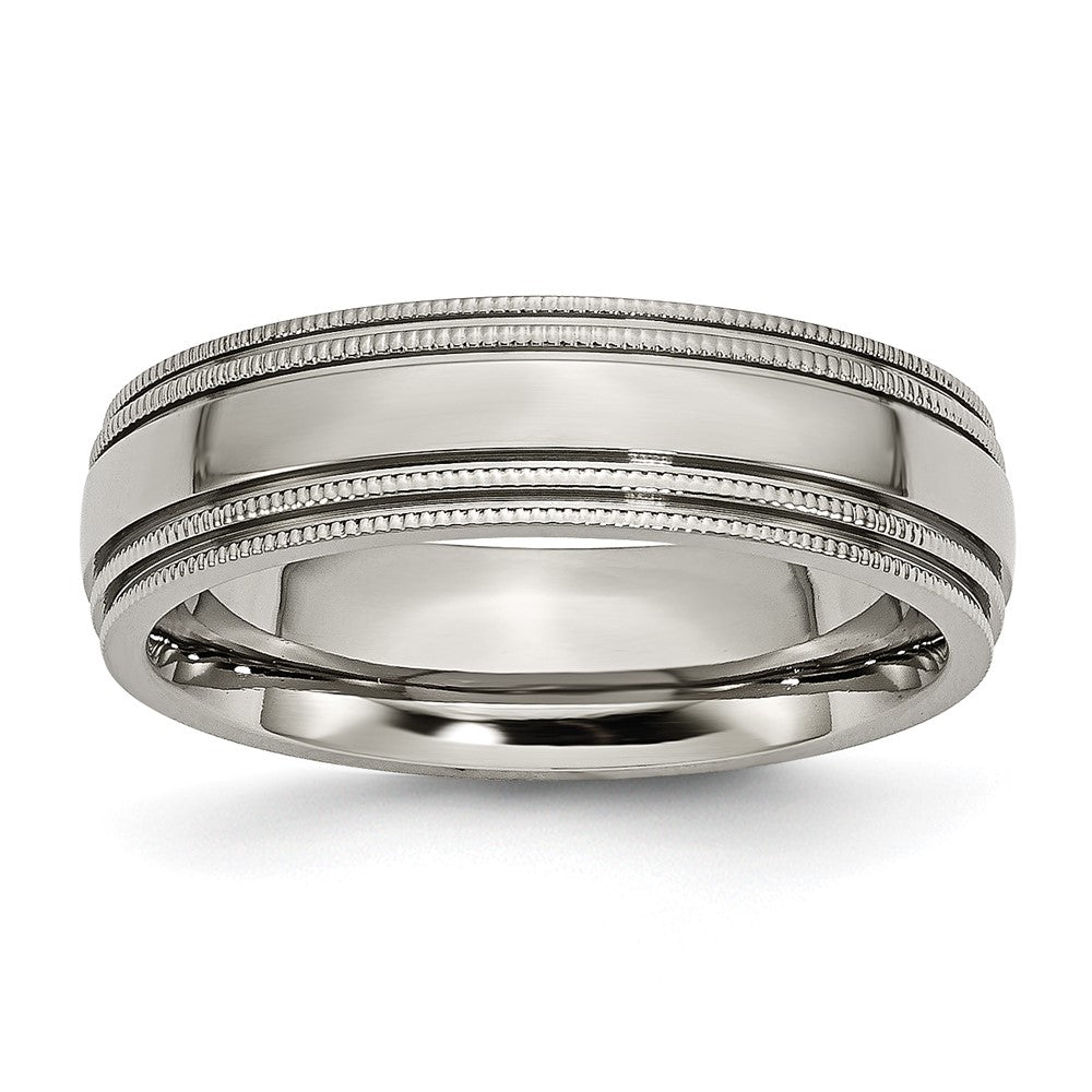 Titanium Polished 6mm Grooved and Beaded Edge Band Size - 7.5