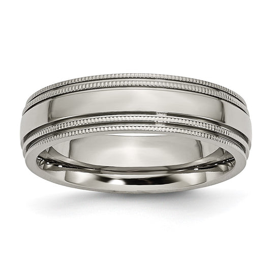 Titanium Polished 6mm Grooved and Beaded Edge Band Size - 7.5