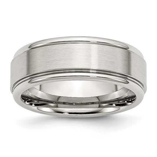 Stainless Steel Polished w/Brushed Center 8mm Ridged Edge Band Size - 12