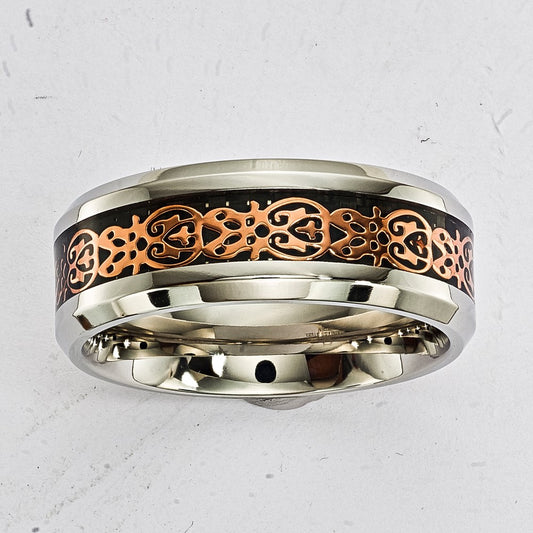 Stainless Steel 8mm & Rose IP Patterned Band