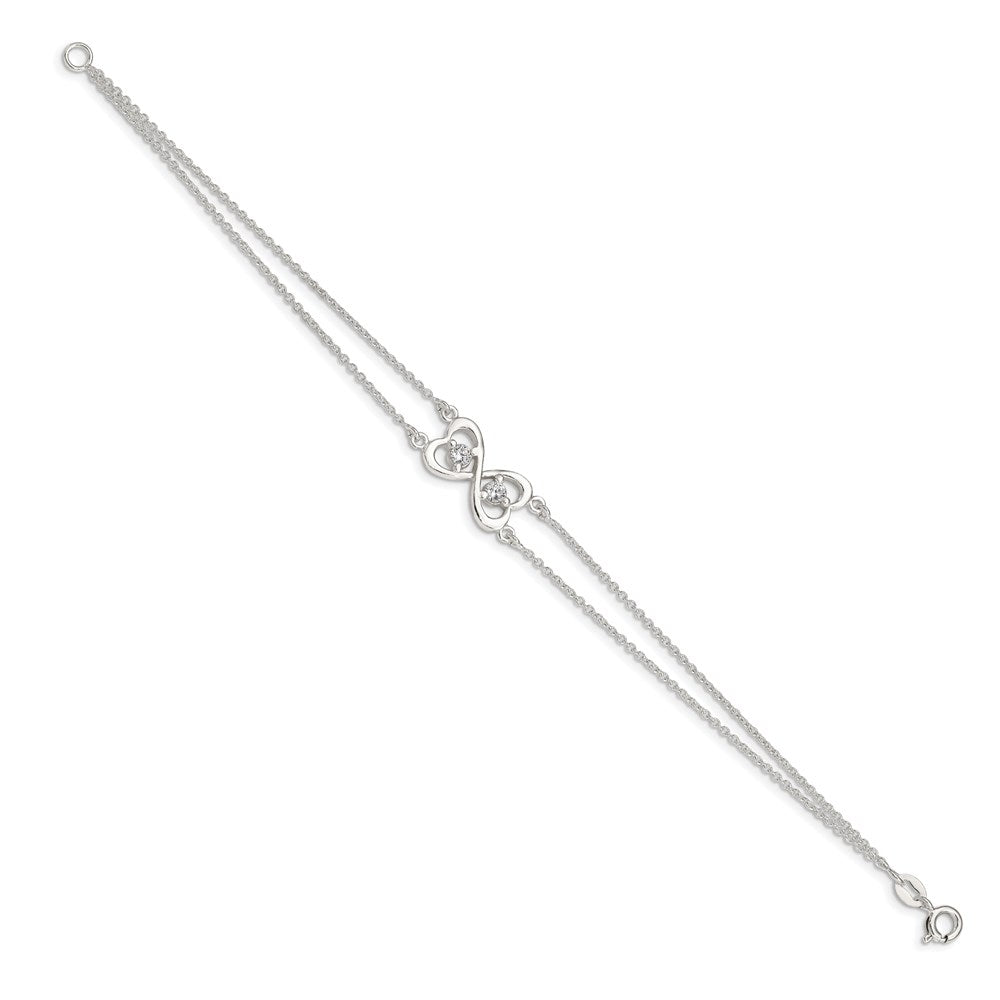 Sterling Silver Polished CZ Heart Two-strand Bracelet 7.5 inches