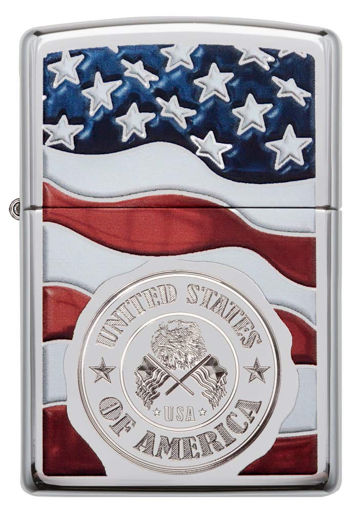 Zippo America Stamp on Flag High Polish Chrome Pocket Lighter