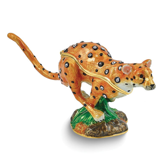 Luxury Giftware by Jere Bejeweled SPEEDY Running Leopard Trinket Box with Matching 18 inch Necklace
