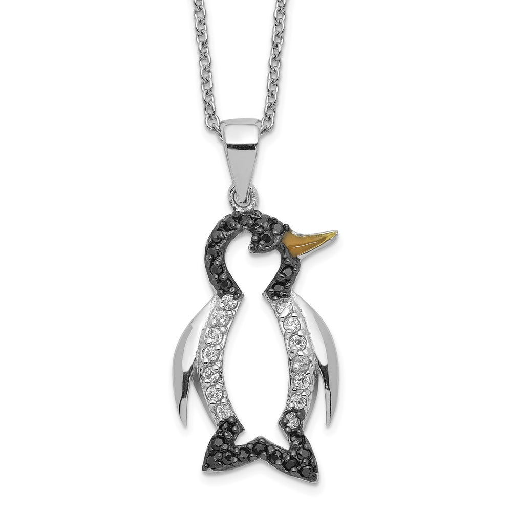 Cheryl M Sterling Silver Rhodium-plated with Black Rhodium Accent Enameled Brilliant-cut Black and White CZ Penguin 18 Inch Necklace 18 Inches