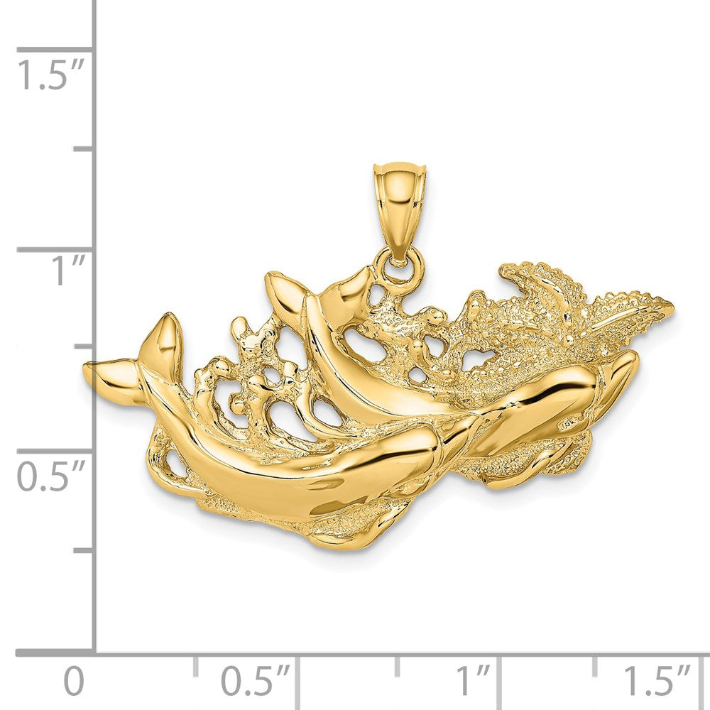 14K Polished and Textured Dolphins Swimming w/Starfish Pendant