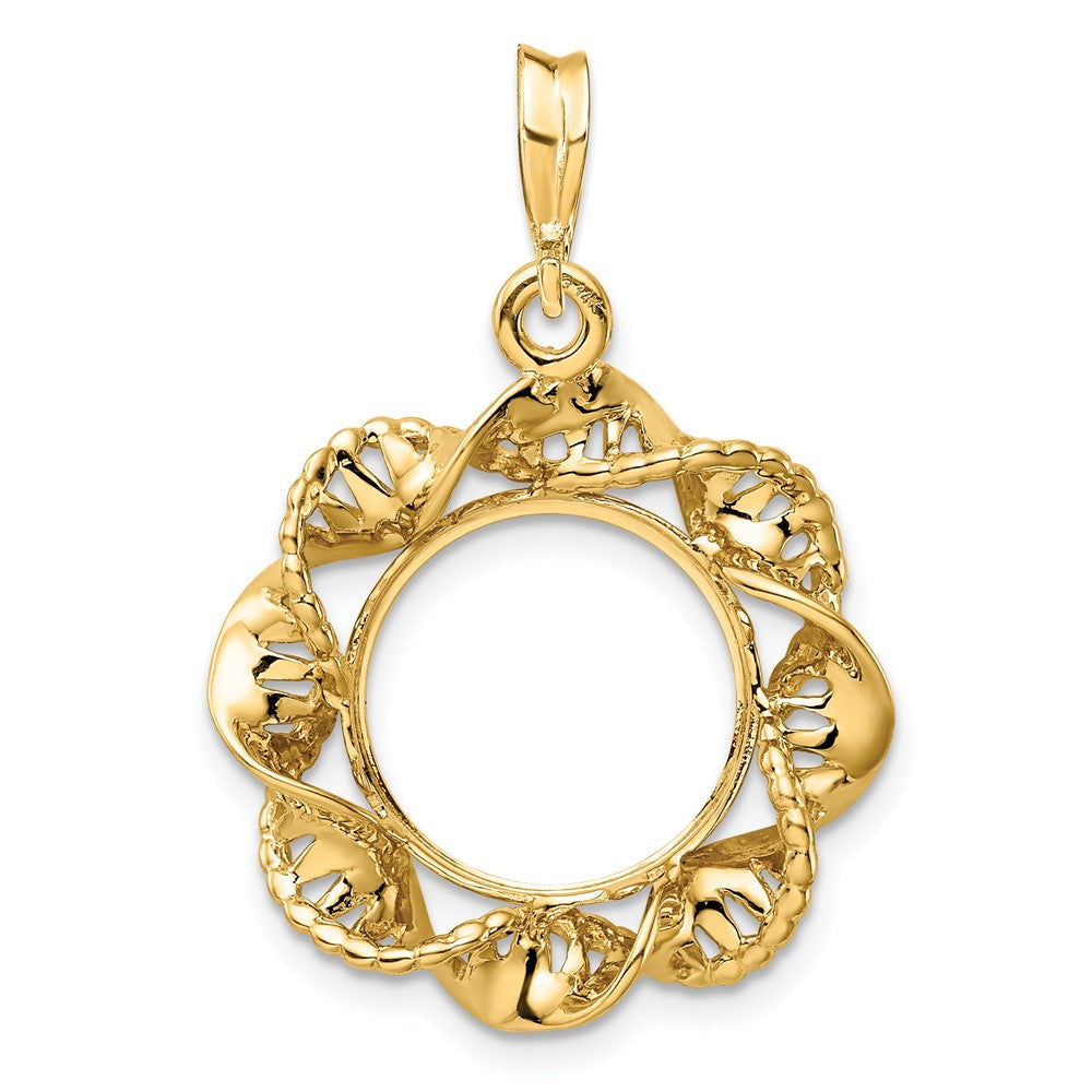 Wideband Distinguished Coin Jewelry 14k Polished Fancy Twisted Ribbon 13.0mm Prong Coin Bezel Pendant