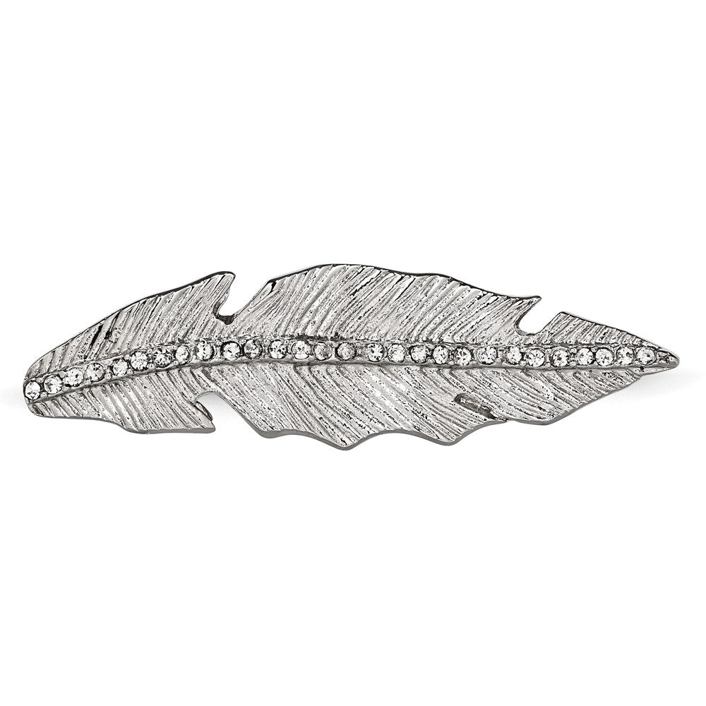 Stainless Steel Polished & Antiqued Leaf Two Finger 7/8 Crystal Ring