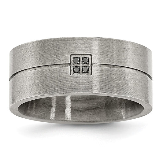 Stainless Steel Antiqued and Brushed .03ct Black Diamond 10mm Flat Band Size - 11.5