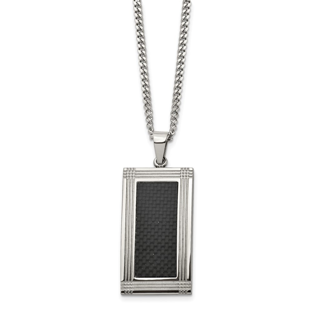 Stainless Steel Polished Grooved Black Carbon Fiber Inlay 24in Necklace