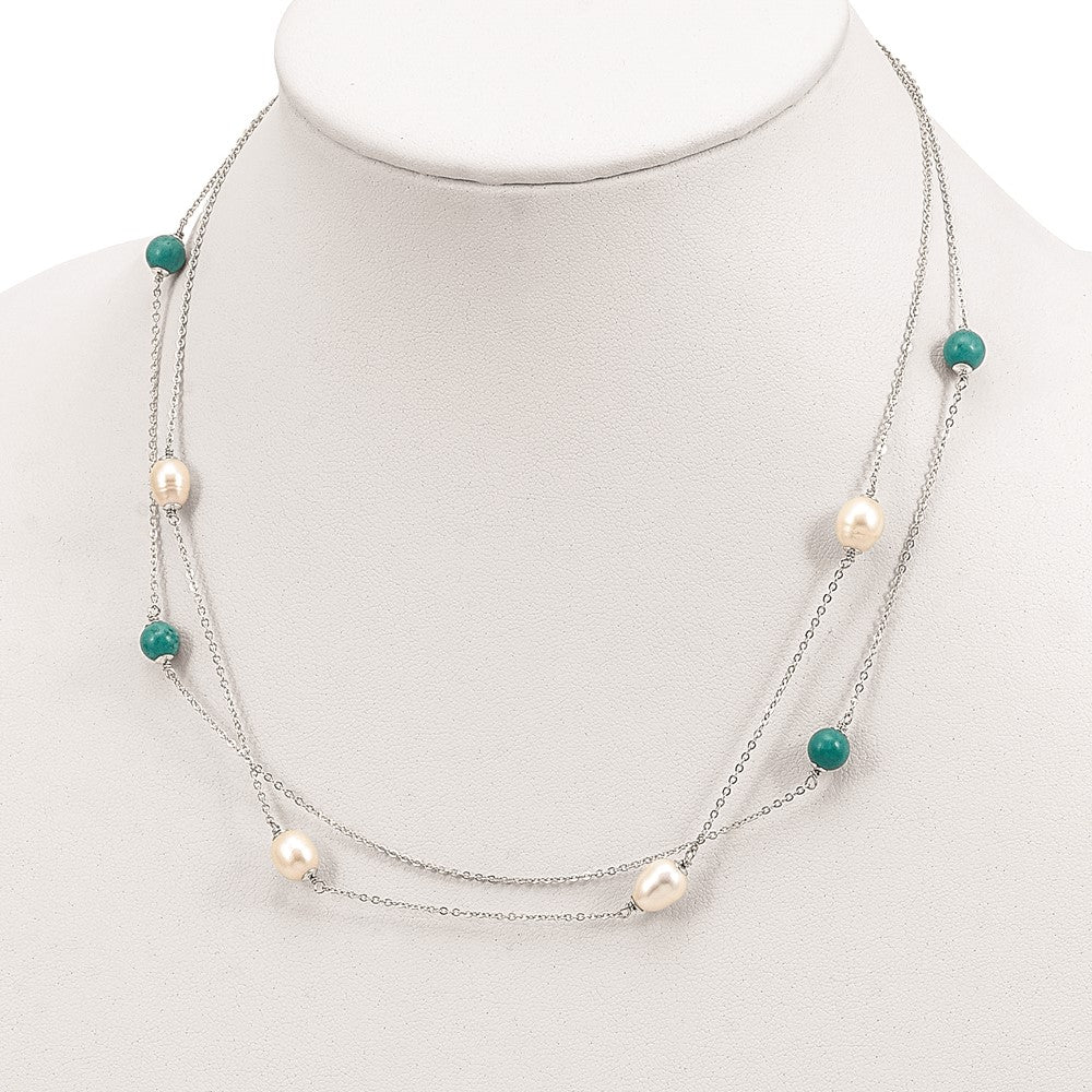 Sterling Silver Rhod-plated Turquoise/FWC Pearl w/2 in ext Necklace 17 Inches