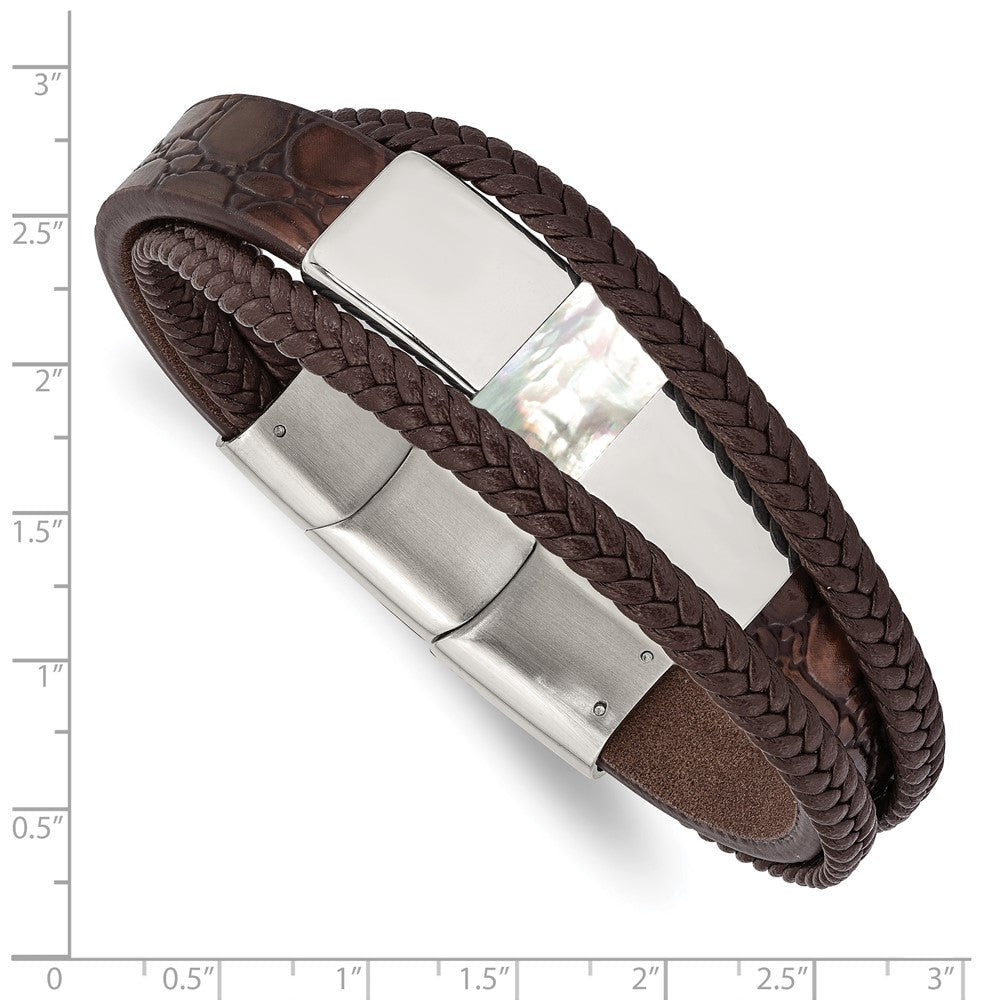 Stainless Steel Polished with Shell Pearl Leather 8in w/.5in ext Bracelet 8 inches