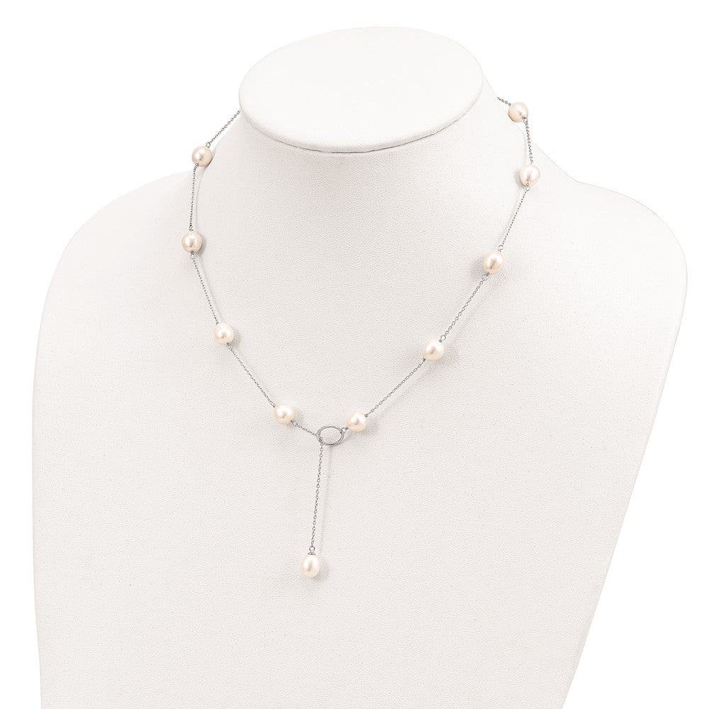 Sterling Silver Rhodium-plated 7-8mm White Teardrop Freshwater Cultured Pearl 13-Station Adjustable Drop Toggle 19 inch Necklace 19 Inches