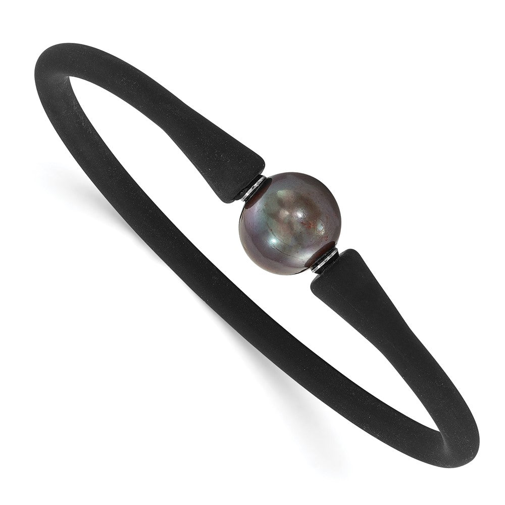 Stainless Steel 11-12mm Freshwater Cultured Pearl Black Silicone Bracelet 6.75 inches