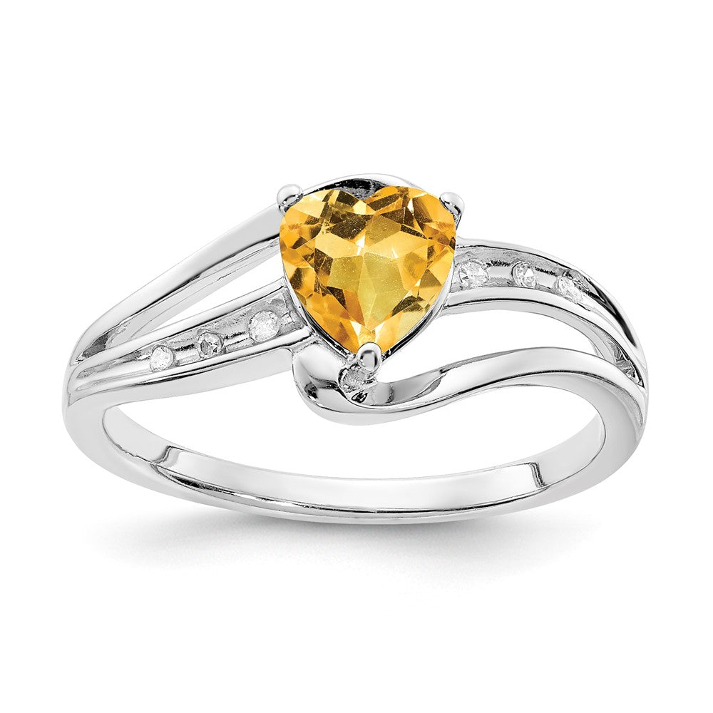 Sterling Silver Polished Heart Citrine and Diamond Ring