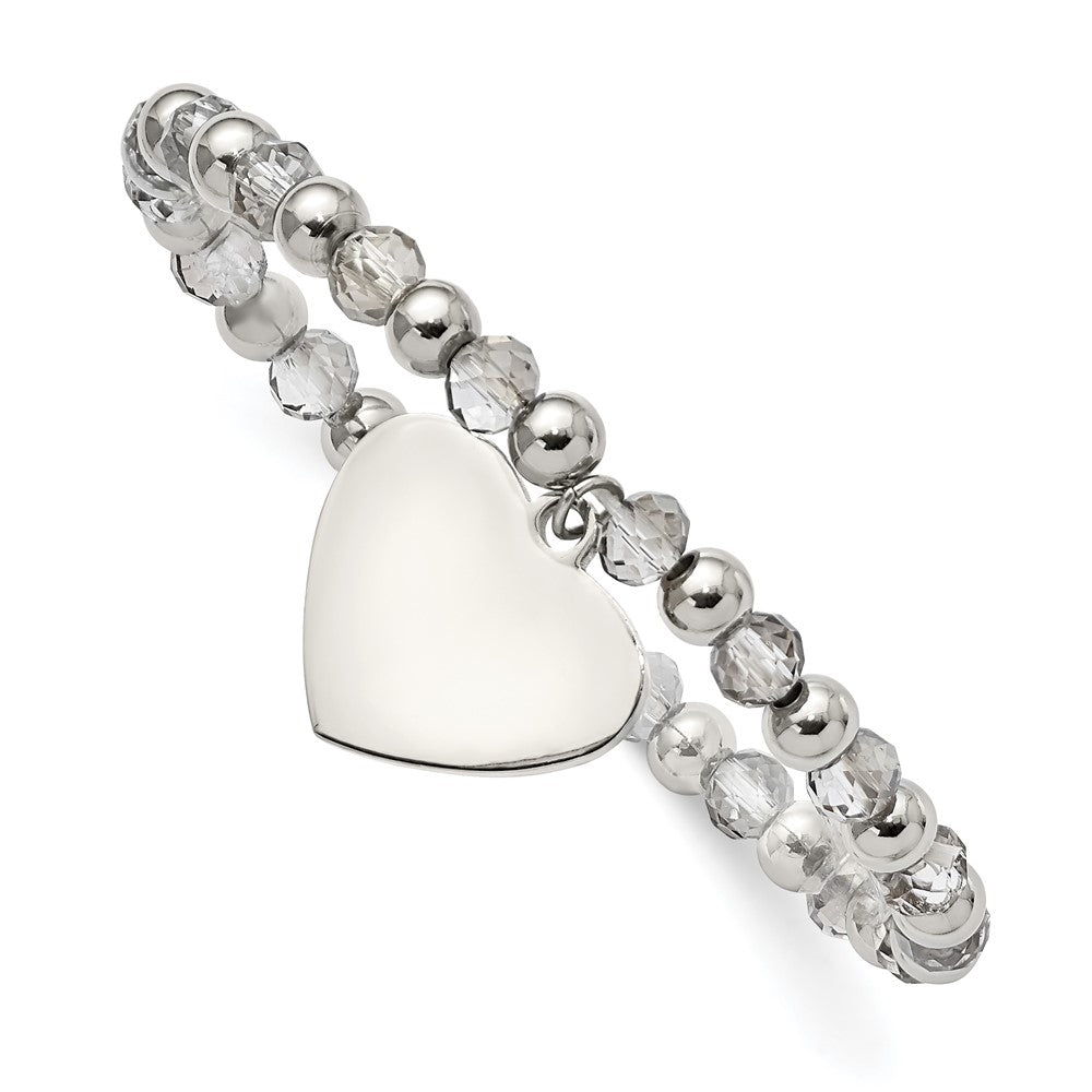 Stainless Steel Polished w/Grey Glass Beads Heart Dangle Stretch Bracelet 6.5 inches