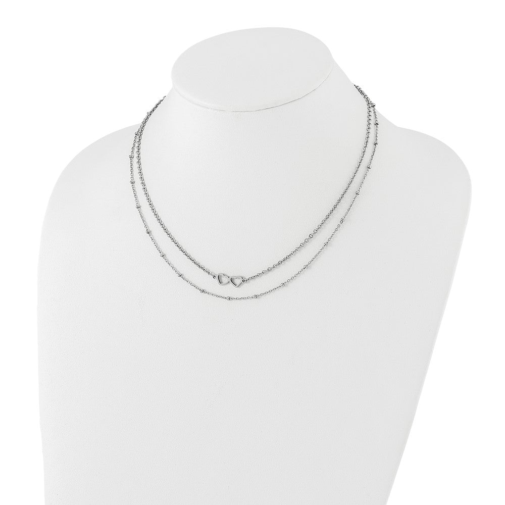 Stainless Steel Polished 2-Strand Double Heart w/1in ext. 18in Necklace