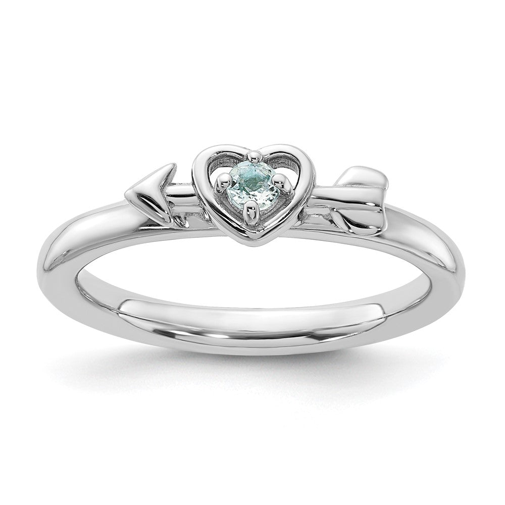 Sterling Silver Stackable Expressions Rhodium-plated Aquamarine Heart with Arrow Ring Size -6