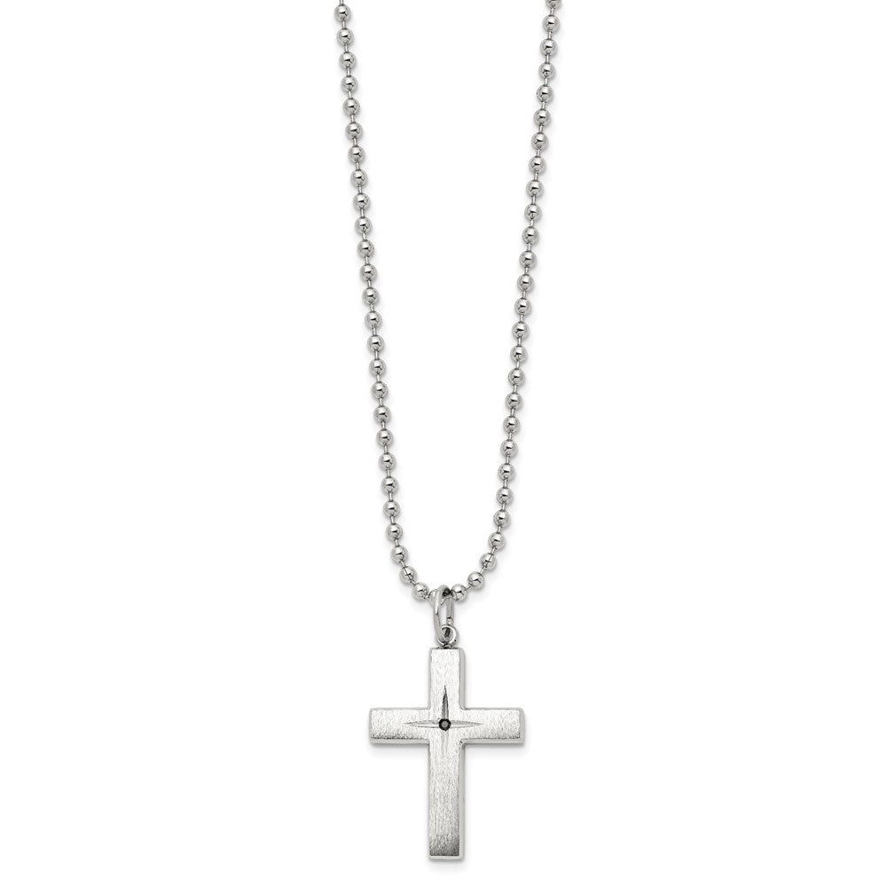 Stainless Steel Brushed & Polished 0.015ct Black Diamond Cross Necklace