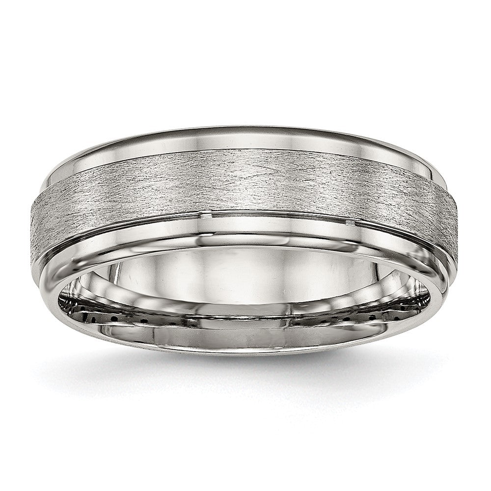 Stainless Steel Brushed and Polished 7mm Ridged Edge Band Size - 9.5