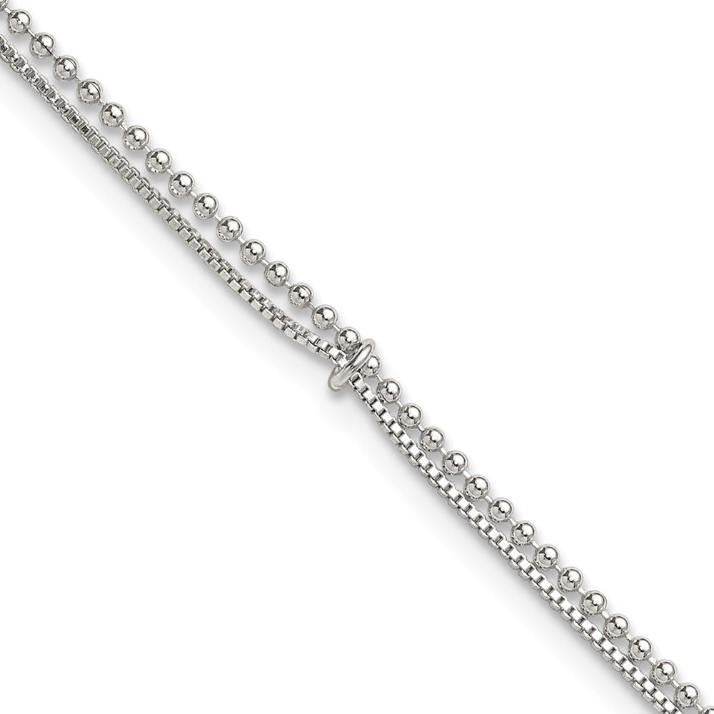 Sterling Silver Polished Beaded Double Strand 9 inch with 1 inch Extension Anklet