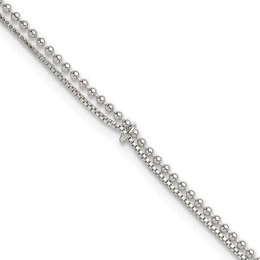 Sterling Silver Polished Beaded Double Strand 9 inch with 1 inch Extension Anklet