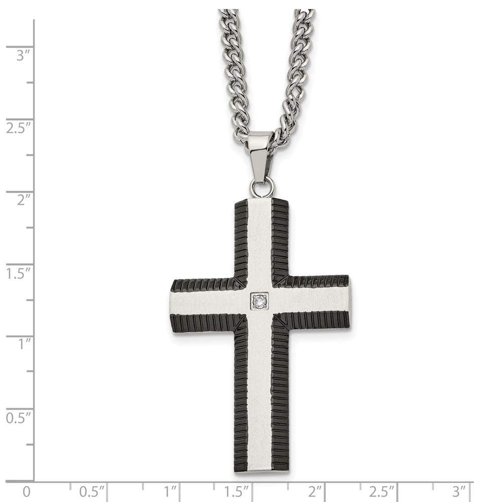 Stainless Steel Brushed and Polished Black IP w/CZ Cross Necklace