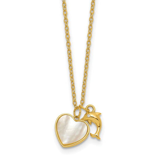 SS Gold-tone MOP and CZ Heart and Dolphin 16in w/2in Ext Necklace 16 Inches