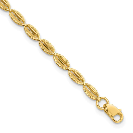 14K Polished and Textured Fancy Oval Link Bracelet 7.5  inches