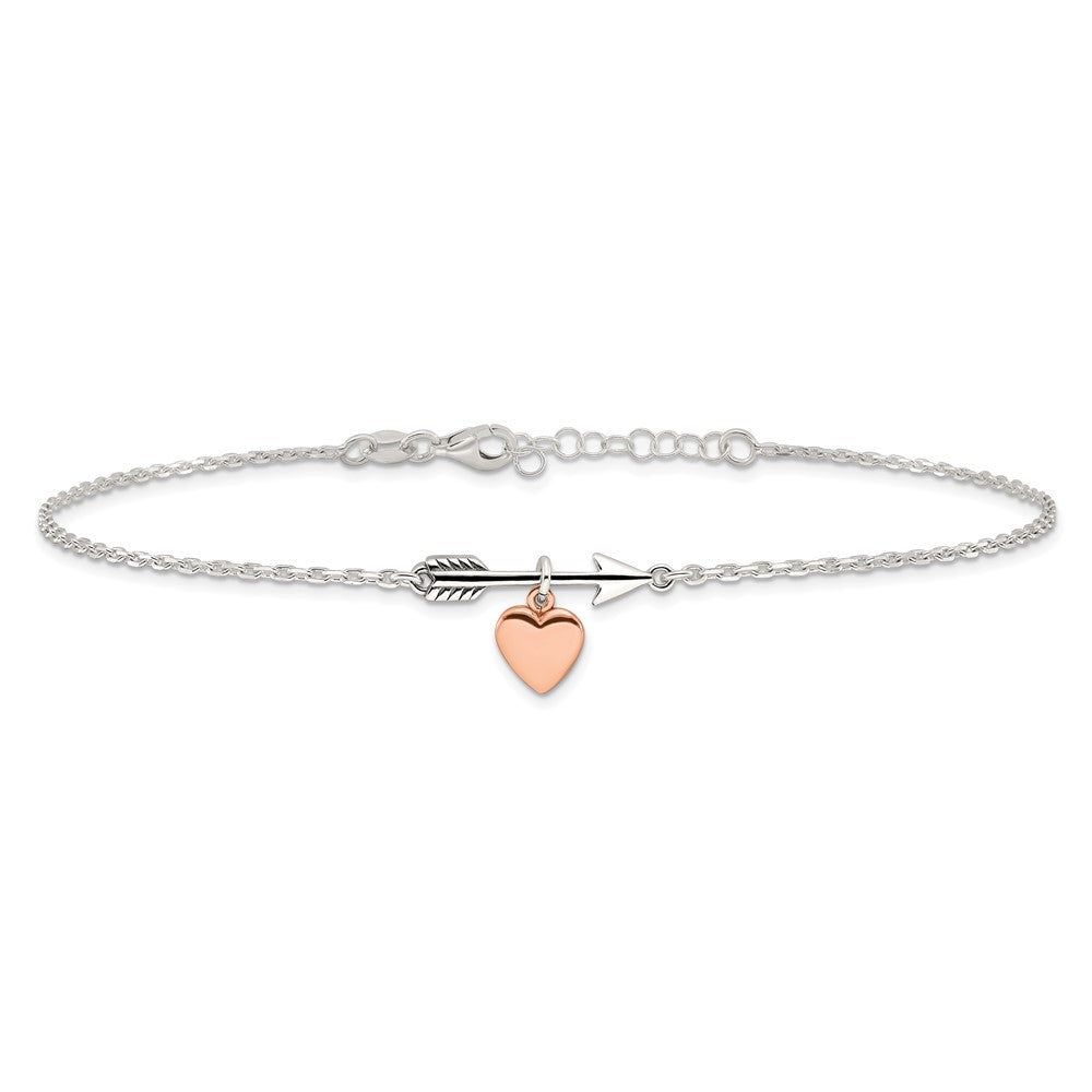 Sterling Silver Arrow with Rose-tone Heart 10in Plus 1 inch Ext Anklet 10 inches