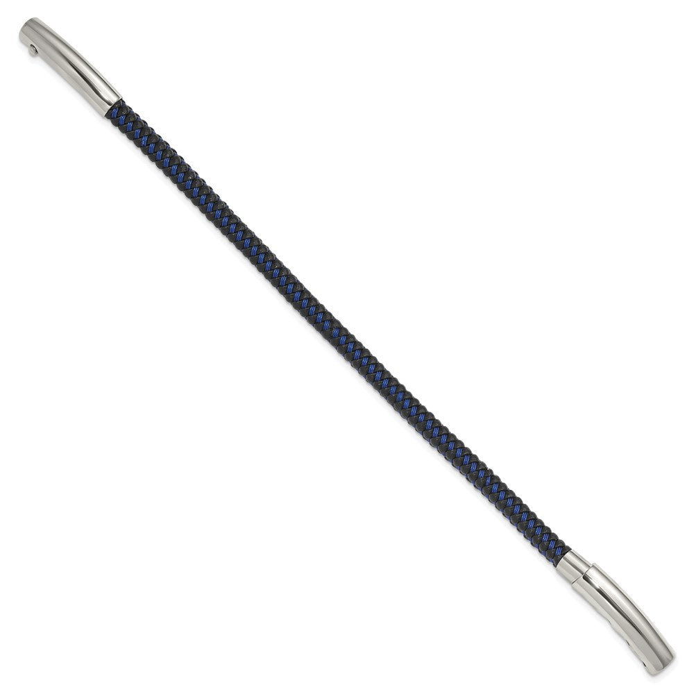 Stainless Steel Polished Blue Wire & Black PU Adjst 7.75 to 8.25in Bracelet 8.25 inches