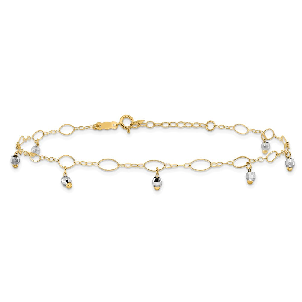 14K Two-Tone Mirror Beaded 9in Plus 1in ext. Anklet 9 inches