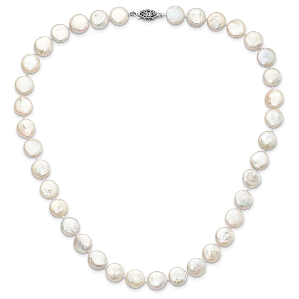 Sterling Silver Rhodium-plated 10-11mm White Coin Freshwater Cultured Pearl 18 inch Necklace 18 Inches