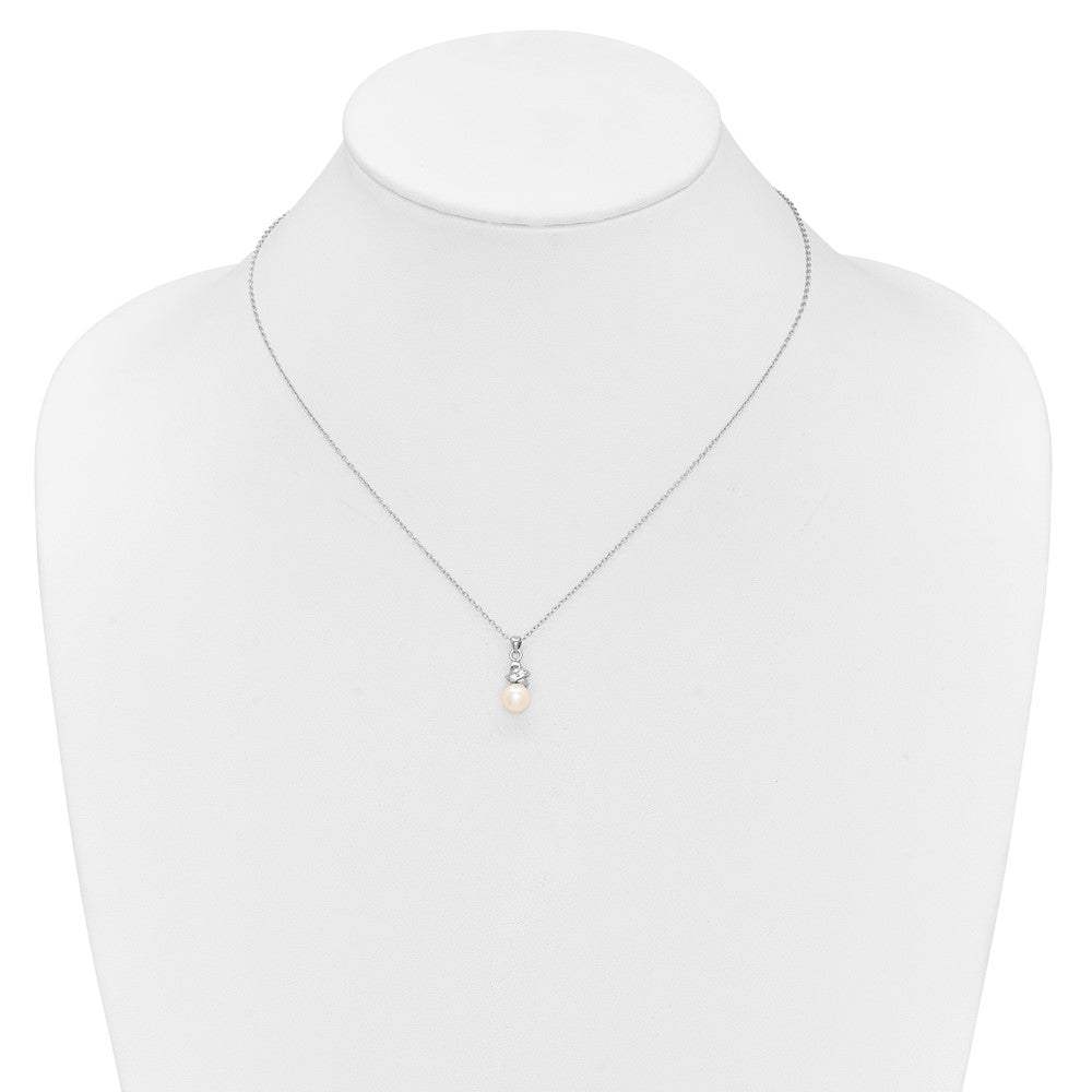 Sterling Silver Rhodium-plated 6-7mm White Button Freshwater Cultured Pearl and CZ 17 inch Necklace 17 Inches