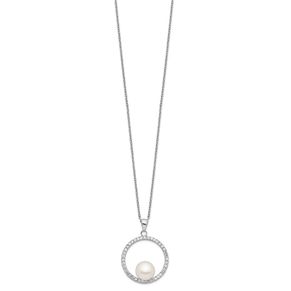 Sterling Silver Rhodium-plated 8-9mm White Button Freshwater Cultured Pearl and CZ 17 inch Necklace 17 Inches