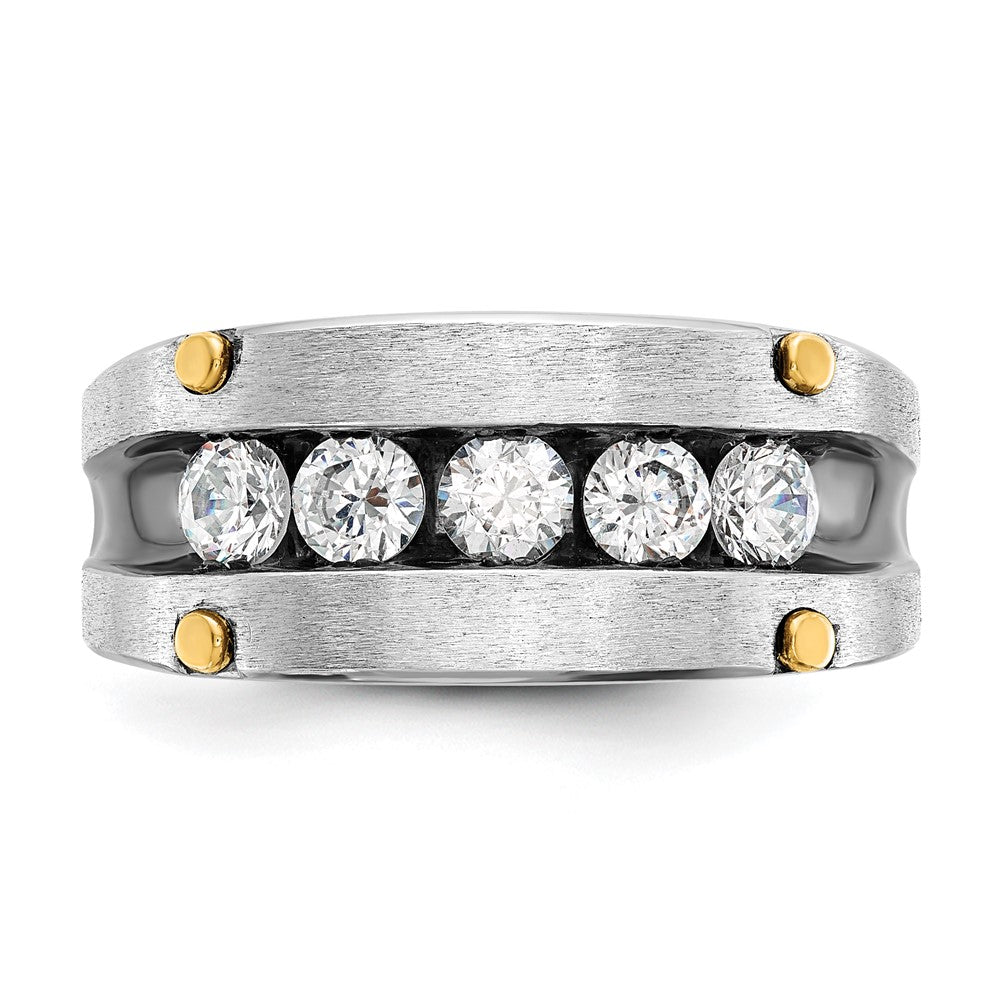 IBGoodman 14k Two-tone with Black Rhodium 1 carat Lab Grown Diamond VS/SI+ G+ Five Stone Complete Polished Satin and Grooved Men's Ring