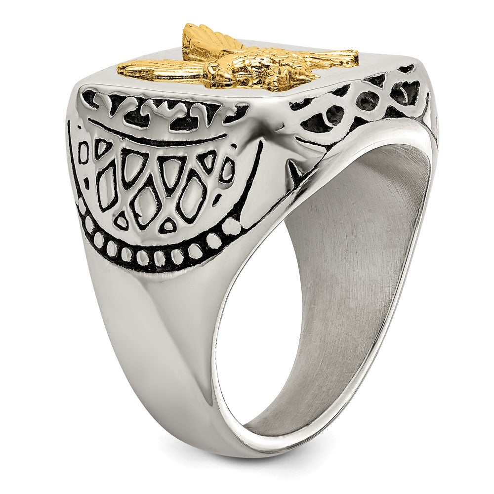 Stainless Steel w/14k Accent Antiqued and Polished Eagle Ring Size - 10
