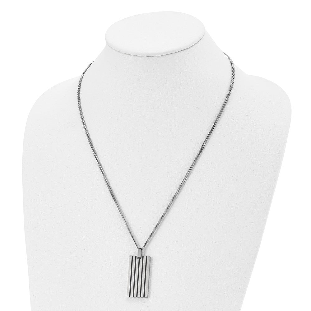 Stainless Steel Brushed w/Black Rubber Inlay Rectangle 22in Necklace