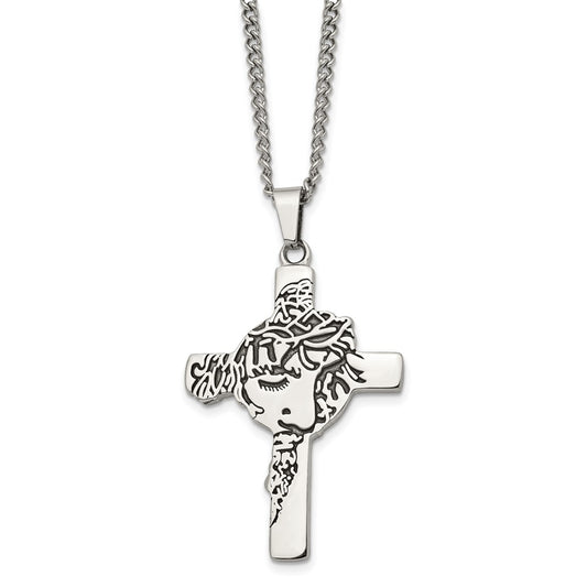 Stainless Steel Antiqued and Polished Jesus Face Cross 24in Necklace
