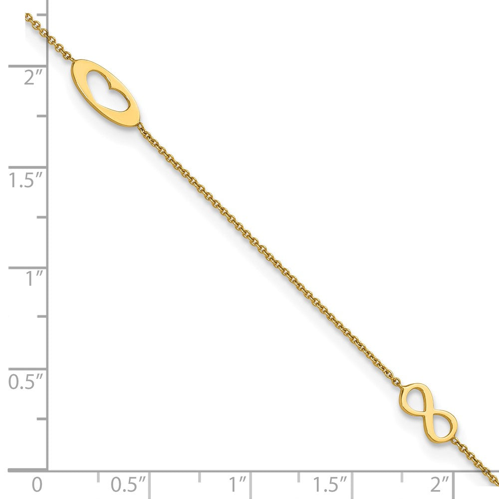 14k Polished Infinity and Heart 9 inch with 1 inch Extender Anklet