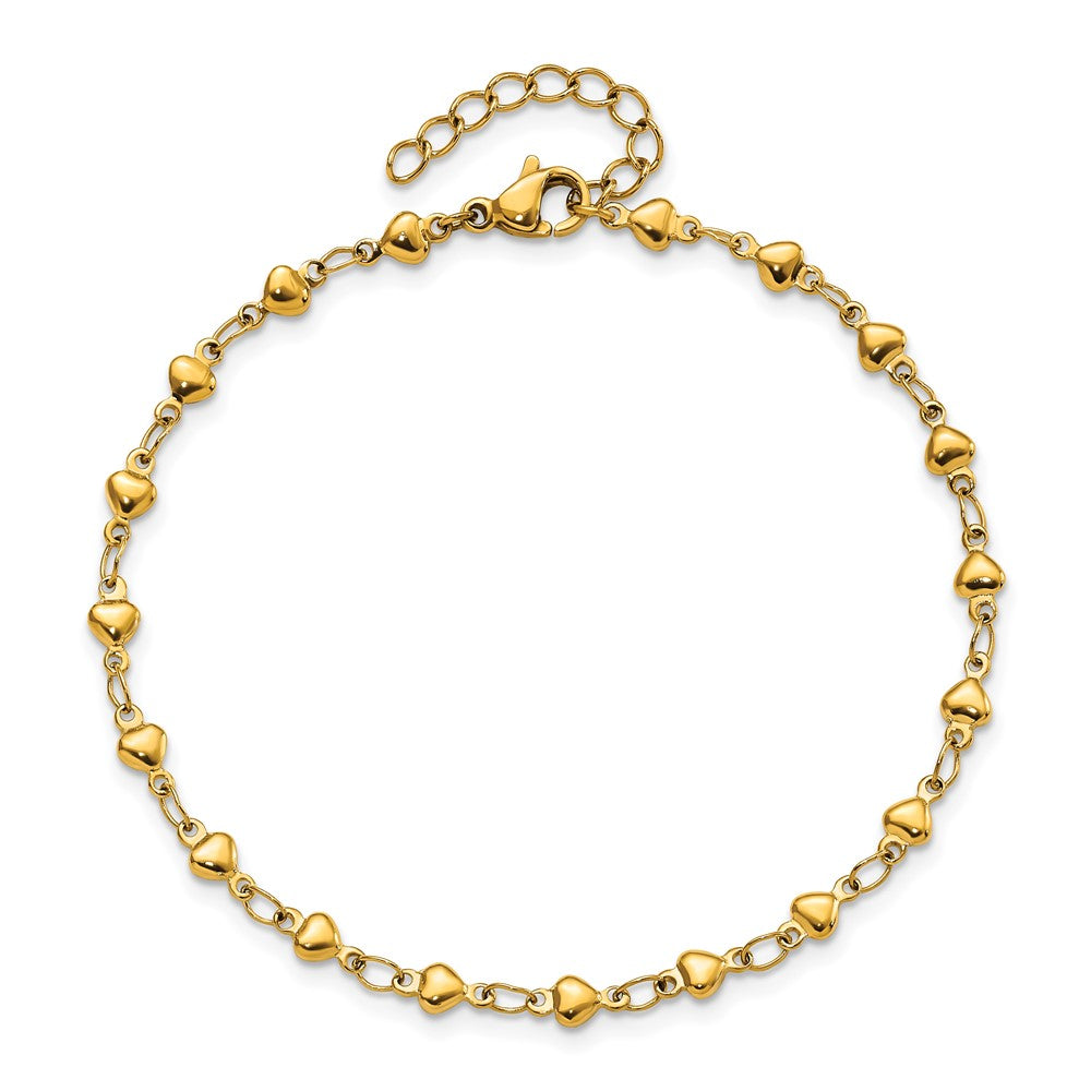 Stainless Steel Polished Yellow IP Hearts 9in Plus 1in ext. Anklet