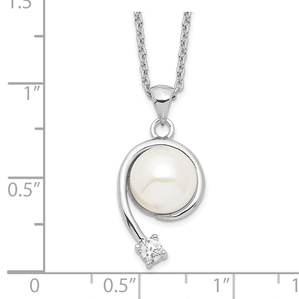 Sterling Silver Rhodium-plated 8-9mm White Button Freshwater Cultured Pearl and CZ 17 inch Necklace 17 Inches