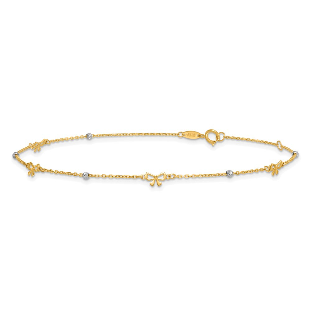 14k Two-tone Polished Diamond-cut Beads and Bows 9 inch with 1 inch Extender Anklet